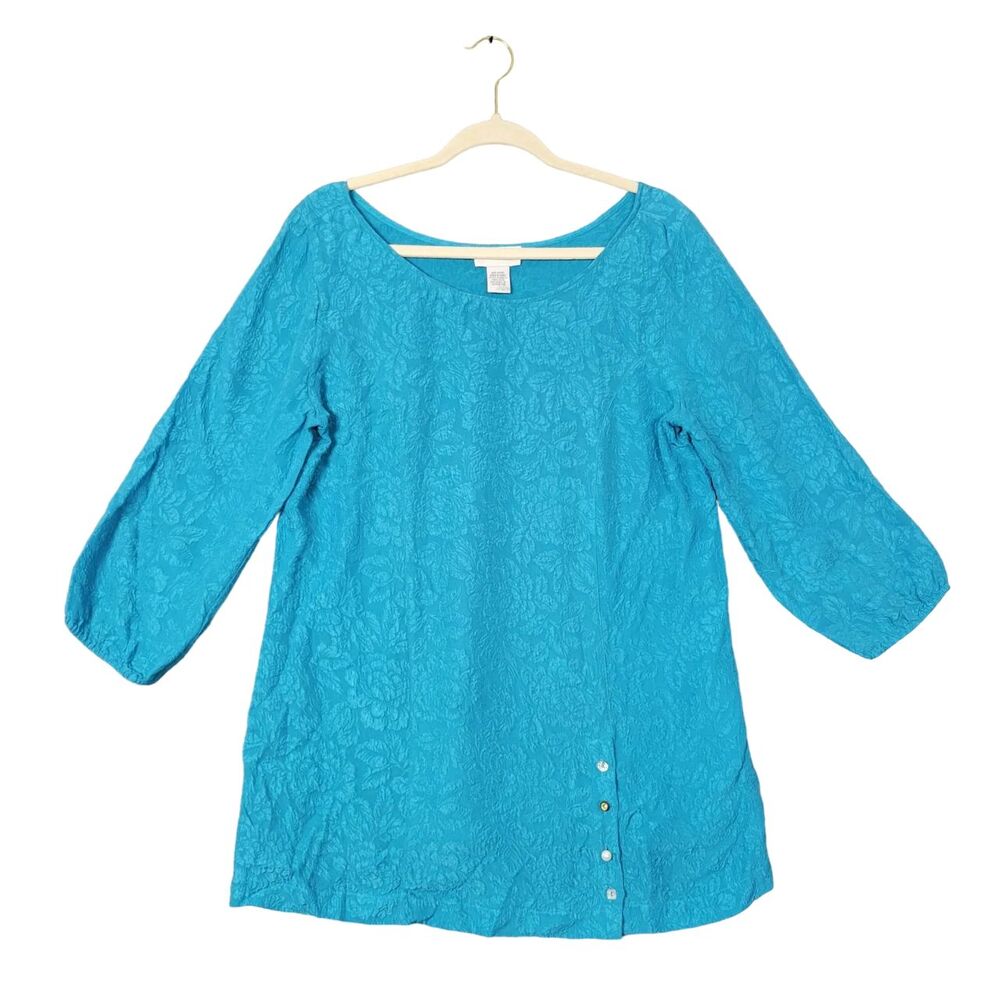 SOFT SURROUNDINGS 25273 Blue Floral 100% Silk Jacquard Tunic Top SIZE MEDIUM
